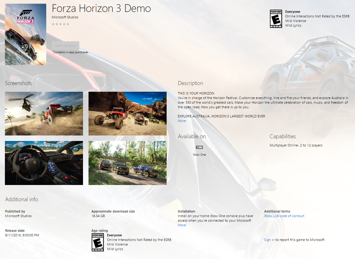 Download the Forza Horizon 3 demo from the Windows Store